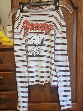 Love Tribe White Striped Snoopy Long Sleeve Top with Brown & Red Accents